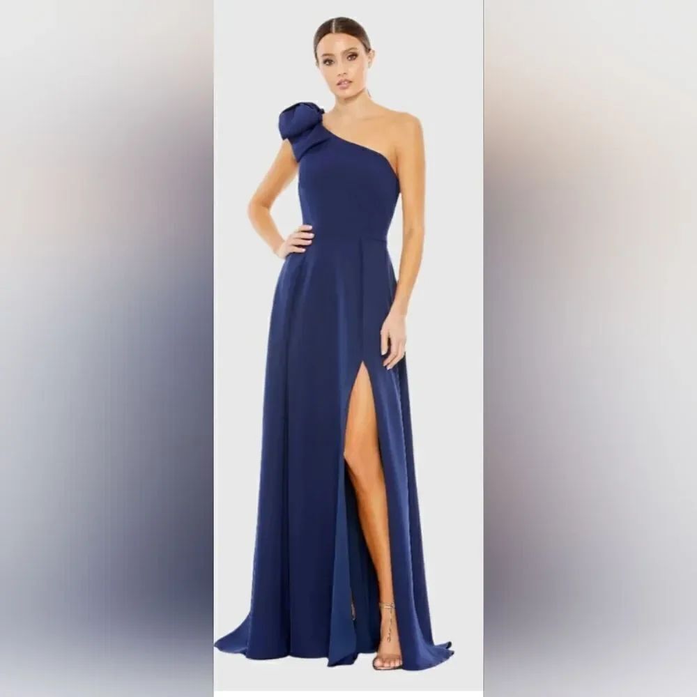 Mac Duggal 26989 Bow One Shoulder A Line Gown NWT Size 12 Midnight Blue